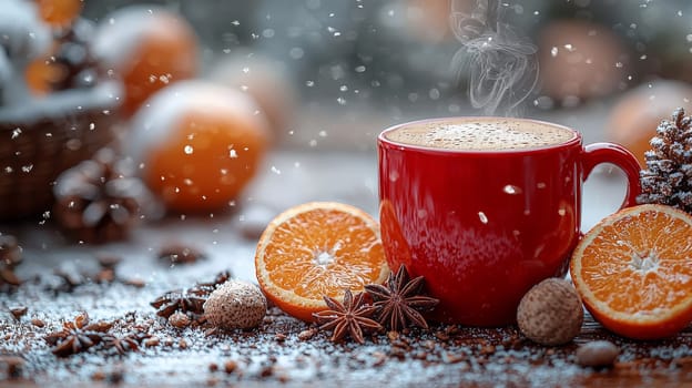 A vibrant and inviting scene featuring a steaming red coffee mug on a rustic wooden table, surrounded by winter spices like star anise, acorns, and fresh orange halves. Snow falls softly in the white background, creating a warm and cozy winter ambiance.