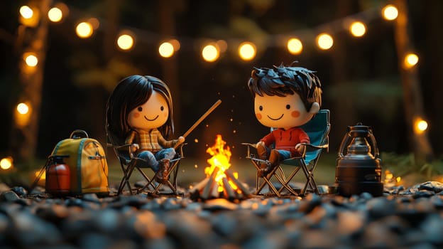 A detailed 3D rendering capturing a cozy campsite setup with a miniature man and woman seated on folding chairs. The man with black hair is tending the campfire in front of him, holding a stick, while a small lamp and string lights create a warm ambiance around the campsite. The background is dark, accentuating the soft glow of the lights and camping equipment, creating a serene outdoor scene in the style of product photography.