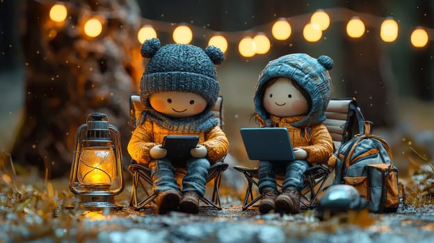 A detailed 3D rendering of a miniature man and woman sitting on folding chairs, each with a laptop, creating an outdoor workspace ambiance. The man, with black hair, holds a phone with a smile, while a small lamp beside them adds a cozy touch with hanging lights and camping gear in the background. The scene is set against a black background, with intricate details capturing a realistic and inviting atmosphere, styled like product photography.