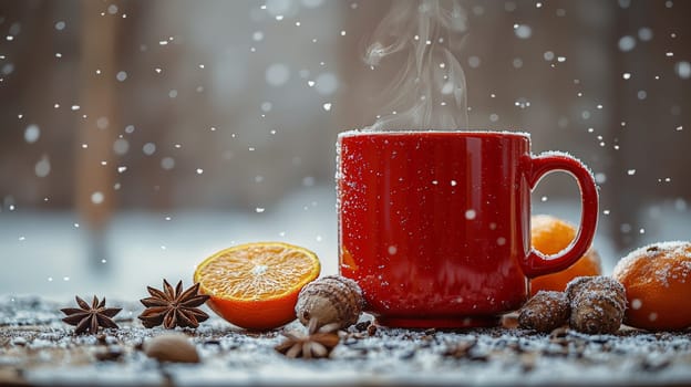 A vibrant and inviting scene featuring a steaming red coffee mug on a rustic wooden table, surrounded by winter spices like star anise, acorns, and fresh orange halves. Snow falls softly in the white background, creating a warm and cozy winter ambiance.