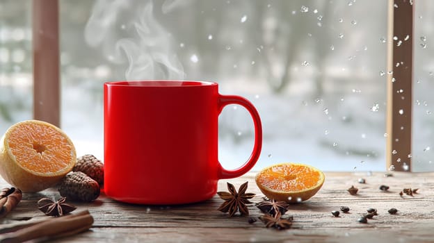 A vibrant and inviting scene featuring a steaming red coffee mug on a rustic wooden table, surrounded by winter spices like star anise, acorns, and fresh orange halves. Snow falls softly in the white background, creating a warm and cozy winter ambiance.