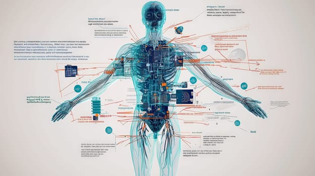 A stylized, high-tech infographic depicting the integration of micro-sensors into the human body, presented in an x-ray-inspired, semi-transparent view. The human figure is shown in cool blue and teal tones with visible skeletal and musculature overlays. Each micro-sensor, detailed as miniature circuit boards, is positioned to align with specific senses like sight, hearing, touch, and more, connected to labeled body parts by thin, orange and yellow lines. The clean, modern design resembles scientific medical illustration, capturing both the complexity and functionality of sensor integration in an informative and visually engaging way.
