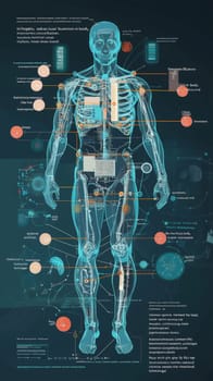 A stylized, high-tech infographic depicting the integration of micro-sensors into the human body, presented in an x-ray-inspired, semi-transparent view. The human figure is shown in cool blue and teal tones with visible skeletal and musculature overlays. Each micro-sensor, detailed as miniature circuit boards, is positioned to align with specific senses like sight, hearing, touch, and more, connected to labeled body parts by thin, orange and yellow lines. The clean, modern design resembles scientific medical illustration, capturing both the complexity and functionality of sensor integration in an informative and visually engaging way.