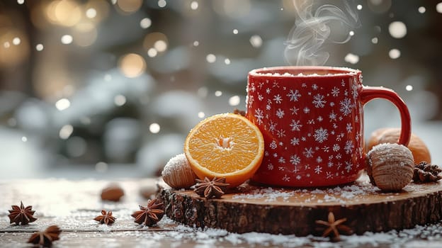 A vibrant and inviting scene featuring a steaming red coffee mug on a rustic wooden table, surrounded by winter spices like star anise, acorns, and fresh orange halves. Snow falls softly in the white background, creating a warm and cozy winter ambiance.