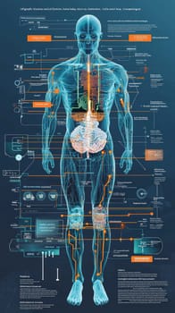 A stylized, high-tech infographic depicting the integration of micro-sensors into the human body, presented in an x-ray-inspired, semi-transparent view. The human figure is shown in cool blue and teal tones with visible skeletal and musculature overlays. Each micro-sensor, detailed as miniature circuit boards, is positioned to align with specific senses like sight, hearing, touch, and more, connected to labeled body parts by thin, orange and yellow lines. The clean, modern design resembles scientific medical illustration, capturing both the complexity and functionality of sensor integration in an informative and visually engaging way.