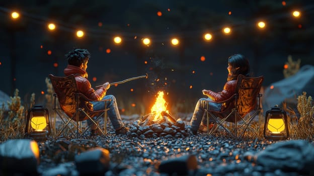 A detailed 3D rendering capturing a cozy campsite setup with a miniature man and woman seated on folding chairs. The man with black hair is tending the campfire in front of him, holding a stick, while a small lamp and string lights create a warm ambiance around the campsite. The background is dark, accentuating the soft glow of the lights and camping equipment, creating a serene outdoor scene in the style of product photography.
