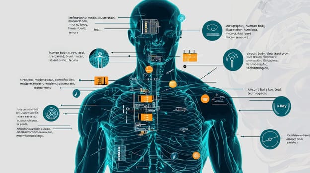 A stylized, high-tech infographic depicting the integration of micro-sensors into the human body, presented in an x-ray-inspired, semi-transparent view. The human figure is shown in cool blue and teal tones with visible skeletal and musculature overlays. Each micro-sensor, detailed as miniature circuit boards, is positioned to align with specific senses like sight, hearing, touch, and more, connected to labeled body parts by thin, orange and yellow lines. The clean, modern design resembles scientific medical illustration, capturing both the complexity and functionality of sensor integration in an informative and visually engaging way.