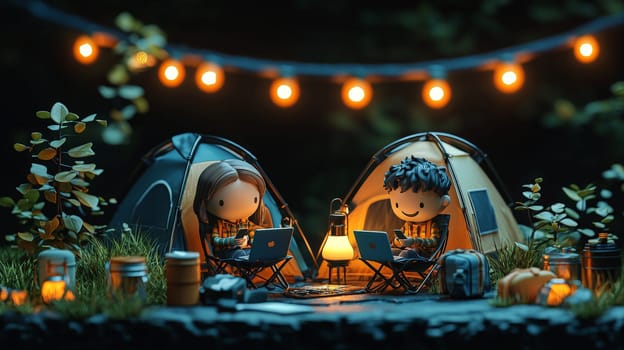 A detailed 3D rendering of a miniature man and woman sitting on folding chairs, each with a laptop, creating an outdoor workspace ambiance. The man, with black hair, holds a phone with a smile, while a small lamp beside them adds a cozy touch with hanging lights and camping gear in the background. The scene is set against a black background, with intricate details capturing a realistic and inviting atmosphere, styled like product photography.