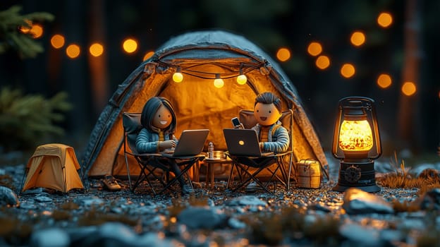 A detailed 3D rendering of a miniature man and woman sitting on folding chairs, each with a laptop, creating an outdoor workspace ambiance. The man, with black hair, holds a phone with a smile, while a small lamp beside them adds a cozy touch with hanging lights and camping gear in the background. The scene is set against a black background, with intricate details capturing a realistic and inviting atmosphere, styled like product photography.