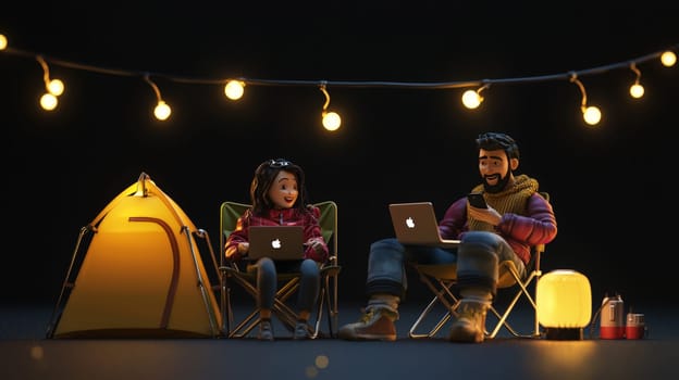 A detailed 3D rendering of a miniature man and woman sitting on folding chairs, each with a laptop, creating an outdoor workspace ambiance. The man, with black hair, holds a phone with a smile, while a small lamp beside them adds a cozy touch with hanging lights and camping gear in the background. The scene is set against a black background, with intricate details capturing a realistic and inviting atmosphere, styled like product photography.