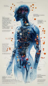 A stylized, high-tech infographic depicting the integration of micro-sensors into the human body, presented in an x-ray-inspired, semi-transparent view. The human figure is shown in cool blue and teal tones with visible skeletal and musculature overlays. Each micro-sensor, detailed as miniature circuit boards, is positioned to align with specific senses like sight, hearing, touch, and more, connected to labeled body parts by thin, orange and yellow lines. The clean, modern design resembles scientific medical illustration, capturing both the complexity and functionality of sensor integration in an informative and visually engaging way.