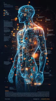 A stylized, high-tech infographic depicting the integration of micro-sensors into the human body, presented in an x-ray-inspired, semi-transparent view. The human figure is shown in cool blue and teal tones with visible skeletal and musculature overlays. Each micro-sensor, detailed as miniature circuit boards, is positioned to align with specific senses like sight, hearing, touch, and more, connected to labeled body parts by thin, orange and yellow lines. The clean, modern design resembles scientific medical illustration, capturing both the complexity and functionality of sensor integration in an informative and visually engaging way.