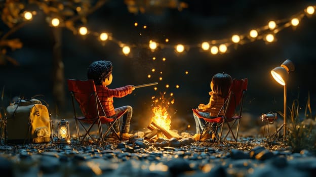 A detailed 3D rendering capturing a cozy campsite setup with a miniature man and woman seated on folding chairs. The man with black hair is tending the campfire in front of him, holding a stick, while a small lamp and string lights create a warm ambiance around the campsite. The background is dark, accentuating the soft glow of the lights and camping equipment, creating a serene outdoor scene in the style of product photography.