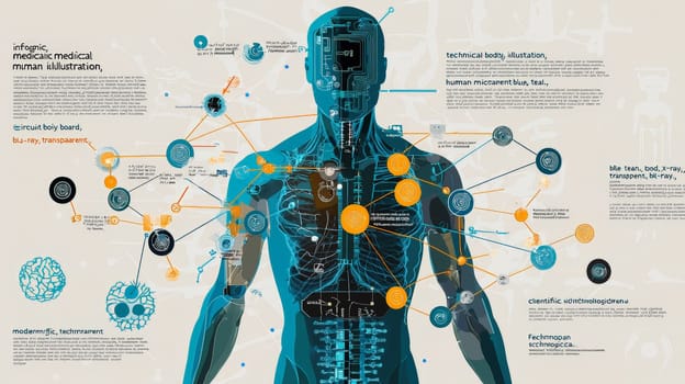 A stylized, high-tech infographic depicting the integration of micro-sensors into the human body, presented in an x-ray-inspired, semi-transparent view. The human figure is shown in cool blue and teal tones with visible skeletal and musculature overlays. Each micro-sensor, detailed as miniature circuit boards, is positioned to align with specific senses like sight, hearing, touch, and more, connected to labeled body parts by thin, orange and yellow lines. The clean, modern design resembles scientific medical illustration, capturing both the complexity and functionality of sensor integration in an informative and visually engaging way.