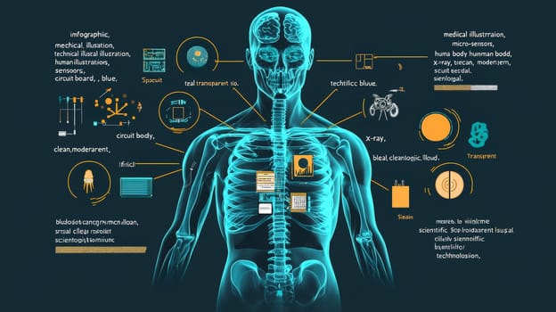A stylized, high-tech infographic depicting the integration of micro-sensors into the human body, presented in an x-ray-inspired, semi-transparent view. The human figure is shown in cool blue and teal tones with visible skeletal and musculature overlays. Each micro-sensor, detailed as miniature circuit boards, is positioned to align with specific senses like sight, hearing, touch, and more, connected to labeled body parts by thin, orange and yellow lines. The clean, modern design resembles scientific medical illustration, capturing both the complexity and functionality of sensor integration in an informative and visually engaging way.