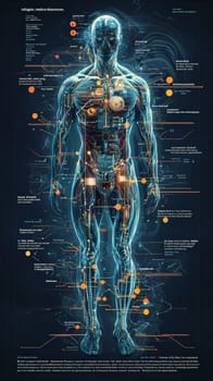 A stylized, high-tech infographic depicting the integration of micro-sensors into the human body, presented in an x-ray-inspired, semi-transparent view. The human figure is shown in cool blue and teal tones with visible skeletal and musculature overlays. Each micro-sensor, detailed as miniature circuit boards, is positioned to align with specific senses like sight, hearing, touch, and more, connected to labeled body parts by thin, orange and yellow lines. The clean, modern design resembles scientific medical illustration, capturing both the complexity and functionality of sensor integration in an informative and visually engaging way.
