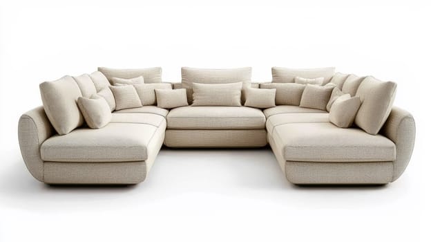 A luxurious beige U-shaped sofa, featuring soft, premium fabrics, sits atop a high-quality fine carpet. Accented with large luminescent décor in light beige and white tones, the setup exudes warmth, sophistication, and modern elegance, set against a clean white background.