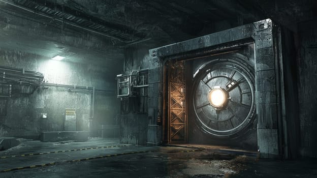 A dimly lit, high-security underground facility reveals a massive vault door slightly ajar, casting a bright, intense light that spills from within. The scene captures the tension and intrigue of a hidden, highly protected space, evoking mystery and suspense.
