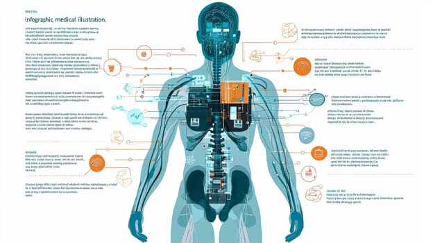 A stylized, high-tech infographic depicting the integration of micro-sensors into the human body, presented in an x-ray-inspired, semi-transparent view. The human figure is shown in cool blue and teal tones with visible skeletal and musculature overlays. Each micro-sensor, detailed as miniature circuit boards, is positioned to align with specific senses like sight, hearing, touch, and more, connected to labeled body parts by thin, orange and yellow lines. The clean, modern design resembles scientific medical illustration, capturing both the complexity and functionality of sensor integration in an informative and visually engaging way.