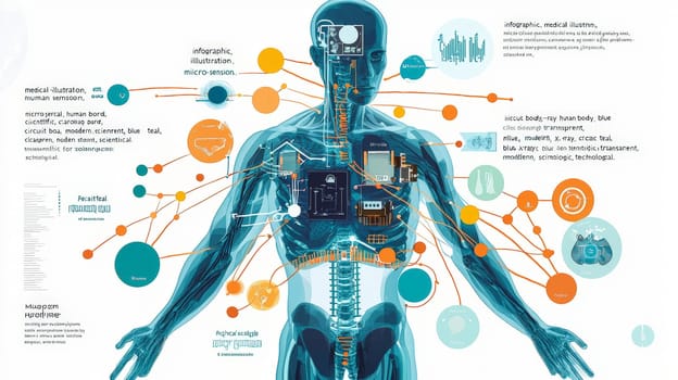 A stylized, high-tech infographic depicting the integration of micro-sensors into the human body, presented in an x-ray-inspired, semi-transparent view. The human figure is shown in cool blue and teal tones with visible skeletal and musculature overlays. Each micro-sensor, detailed as miniature circuit boards, is positioned to align with specific senses like sight, hearing, touch, and more, connected to labeled body parts by thin, orange and yellow lines. The clean, modern design resembles scientific medical illustration, capturing both the complexity and functionality of sensor integration in an informative and visually engaging way.