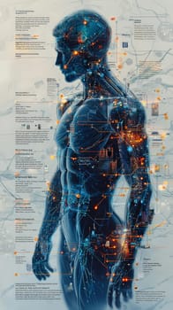 A stylized, high-tech infographic depicting the integration of micro-sensors into the human body, presented in an x-ray-inspired, semi-transparent view. The human figure is shown in cool blue and teal tones with visible skeletal and musculature overlays. Each micro-sensor, detailed as miniature circuit boards, is positioned to align with specific senses like sight, hearing, touch, and more, connected to labeled body parts by thin, orange and yellow lines. The clean, modern design resembles scientific medical illustration, capturing both the complexity and functionality of sensor integration in an informative and visually engaging way.