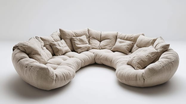 A luxurious beige U-shaped sofa, featuring soft, premium fabrics, sits atop a high-quality fine carpet. Accented with large luminescent décor in light beige and white tones, the setup exudes warmth, sophistication, and modern elegance, set against a clean white background.
