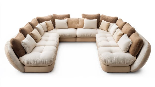A luxurious beige U-shaped sofa, featuring soft, premium fabrics, sits atop a high-quality fine carpet. Accented with large luminescent décor in light beige and white tones, the setup exudes warmth, sophistication, and modern elegance, set against a clean white background.