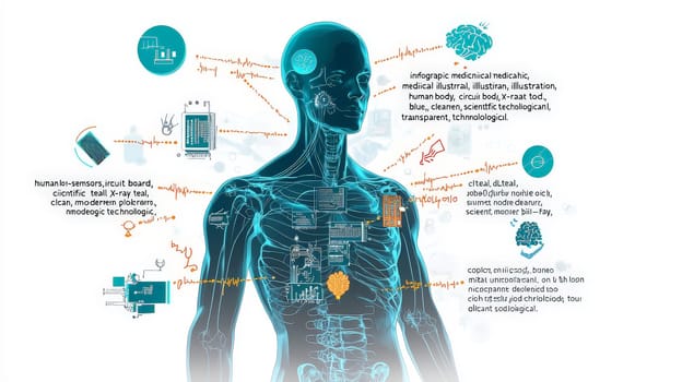 A stylized, high-tech infographic depicting the integration of micro-sensors into the human body, presented in an x-ray-inspired, semi-transparent view. The human figure is shown in cool blue and teal tones with visible skeletal and musculature overlays. Each micro-sensor, detailed as miniature circuit boards, is positioned to align with specific senses like sight, hearing, touch, and more, connected to labeled body parts by thin, orange and yellow lines. The clean, modern design resembles scientific medical illustration, capturing both the complexity and functionality of sensor integration in an informative and visually engaging way.