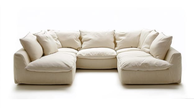 A luxurious beige U-shaped sofa, featuring soft, premium fabrics, sits atop a high-quality fine carpet. Accented with large luminescent décor in light beige and white tones, the setup exudes warmth, sophistication, and modern elegance, set against a clean white background.