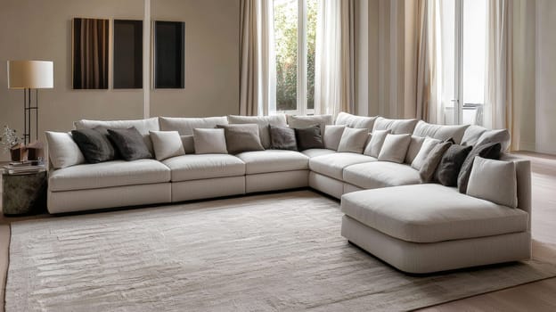 A beautifully designed U-shaped beige sofa with plush fabrics sits atop a fine, high-quality carpet, surrounded by light beige and white décor elements. The room is bathed in natural sunlight, casting warm tones that enhance the modern and elegant atmosphere. The scene captures simplicity, sophistication, and realistic details that highlight the refined, cozy style of the space.
