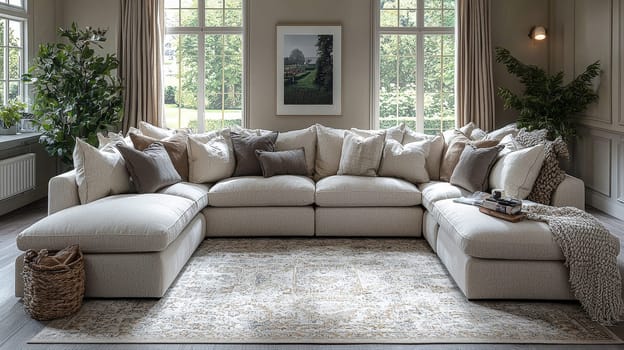 A luxurious beige U-shaped sofa, featuring soft, premium fabrics, sits atop a high-quality fine carpet. Accented with large luminescent décor in light beige and white tones, the setup exudes warmth, sophistication, and modern elegance, set against a clean white background.