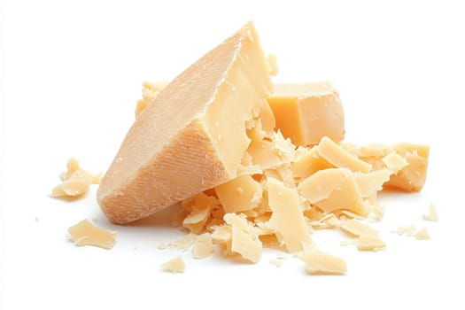 Delicate shavings of Parmesan cheese are artfully scattered on a plain white background, showcasing their rich color and texture.