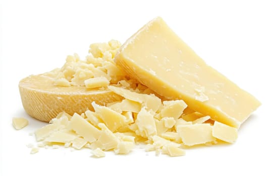 Delicate shavings of Parmesan cheese are artfully arranged on a clean white surface, ideal for enhancing dishes. The cheese displays its rich texture and flavor, inviting culinary creativity.