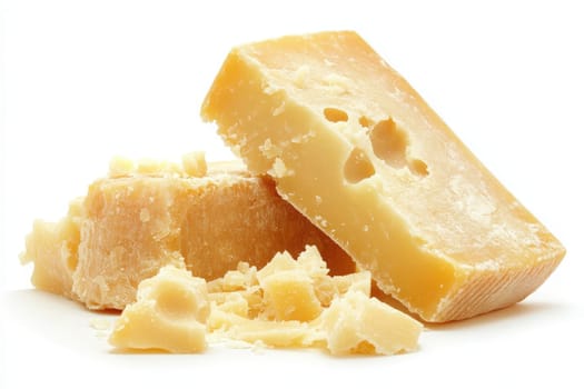 Delicate shavings of Parmesan cheese are artfully arranged alongside larger chunks, showcasing the rich texture and color of this beloved cheese, ideal for enhancing a variety of dishes.