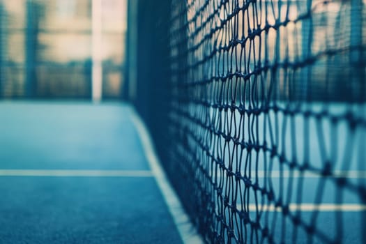 The padel net stands firm and taut, creating a boundary in a meticulously kept court. The clean solid background enhances the focus on the net and its structure.