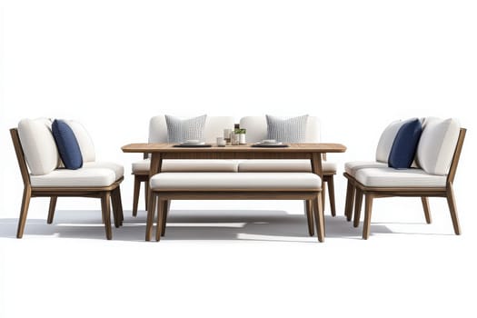 A stylish outdoor dining set features a wooden table surrounded by cushioned chairs, designed for casual gatherings. Perfect for enjoying meals in a backyard or patio setting.