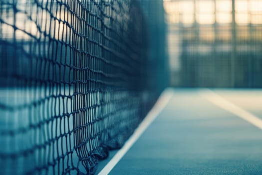 A padel net stands prominently on a clean court, creating an inviting atmosphere for players. The calm afternoon light enhances the setting, perfect for match play.