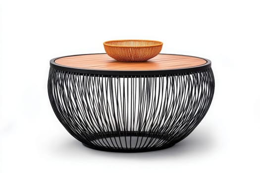A contemporary outdoor coffee table features a round wooden surface and a stylish decorative bowl resting on top. It stands alone in a tranquil outdoor environment, perfect for relaxation.