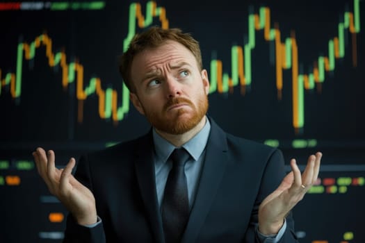 In a moment of anxiety, a trader in a business suit expresses confusion and concern over volatile market trends, feeling the pressure of financial decisions during trading hours.