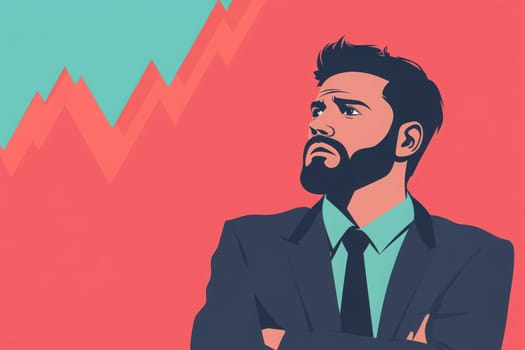 A concerned investor stands with crossed arms, gazing upward as market trends fluctuate dramatically against a vibrant background.