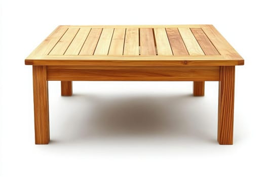 This outdoor coffee table, crafted from natural wood, stands alone in an open space, providing a perfect spot for enjoying drinks or snacks while surrounded by the beauty of nature.