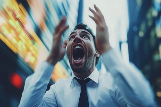 An investor in business attire stands on a bustling urban street, visibly distressed with his hands raised in desperation. The chaotic environment reflects a moment of financial panic.