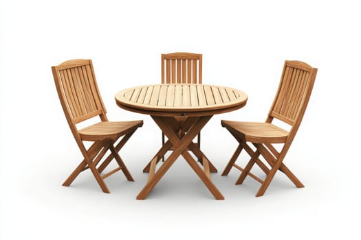 This outdoor dining set showcases a round wooden table surrounded by three matching folding chairs, perfect for al fresco meals in a bright and inviting atmosphere.