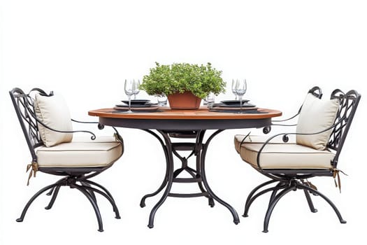 A beautifully arranged outdoor dining set features a round table with a rich wood top, comfortable cushioned chairs, and a potted plant centerpiece, ideal for al fresco meals in a garden setting.
