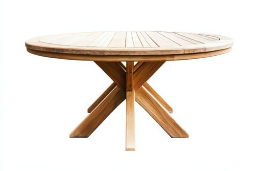 A stylish, round wooden patio table stands alone, showcasing its smooth surface and sturdy legs, perfect for outdoor gatherings. It invites relaxing meals and summer celebrations in nature.