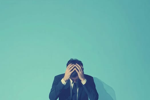 A worried investor sits with his hands on his head, expressing anxiety about financial decisions in a calm, minimalist office setting. The serene backdrop contrasts his visible distress.