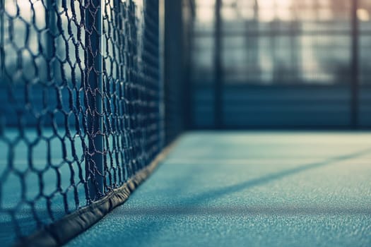 The padel net stands prominently on a well-maintained court, showcasing the smooth surface and clear surroundings under natural light, emphasizing the games inviting atmosphere.