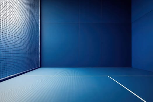 This spacious padel court showcases a clean and modern blue aesthetic with solid walls and a textured floor, perfect for playing the fast-paced sport in a stylish environment.