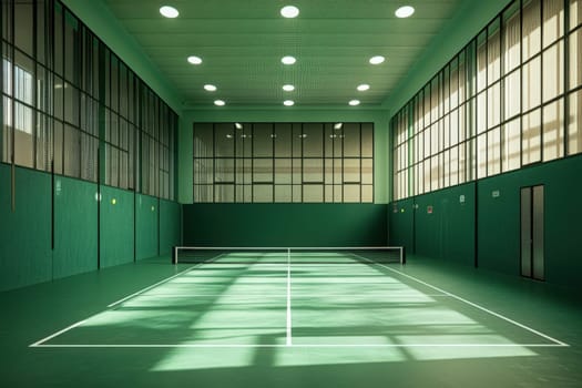 The indoor padel court features a clean, green surface, surrounded by large windows allowing natural light to fill the space, creating a welcoming atmosphere for players.