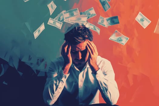 An anxious investor holds his head in distress as currency notes rain down around him, surrounded by a simple and modern aesthetic that emphasizes his turmoil.